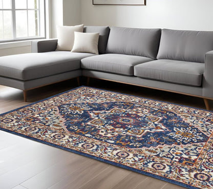 5' X 7' Blue And Ivory Medallion Distressed Area Rug