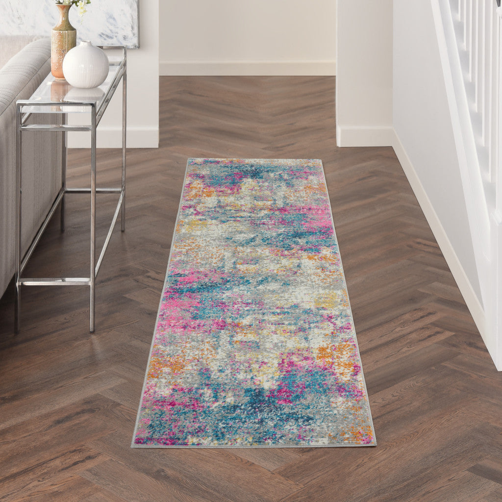 4' Blue And Pink Round Abstract Power Loom Area Rug