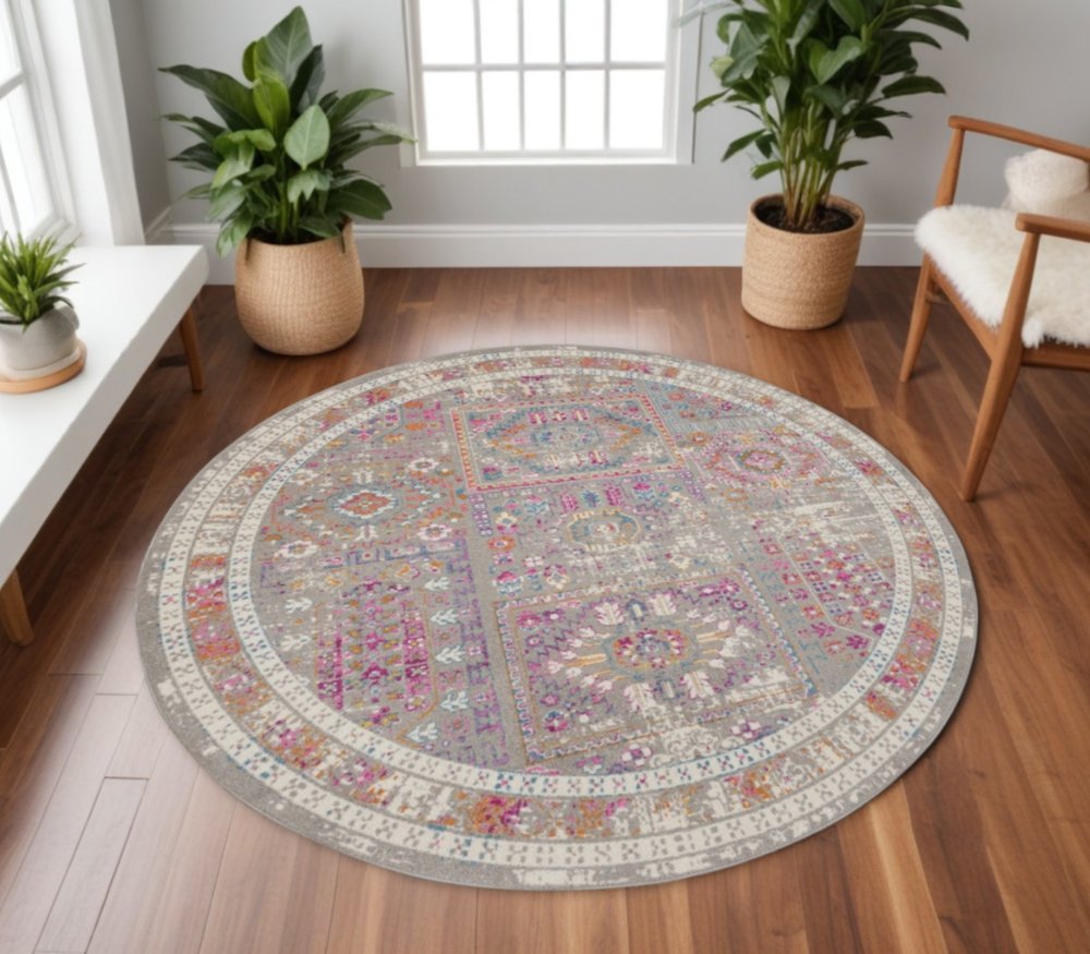 8' Gray And Ivory Abstract Distressed Round Rug
