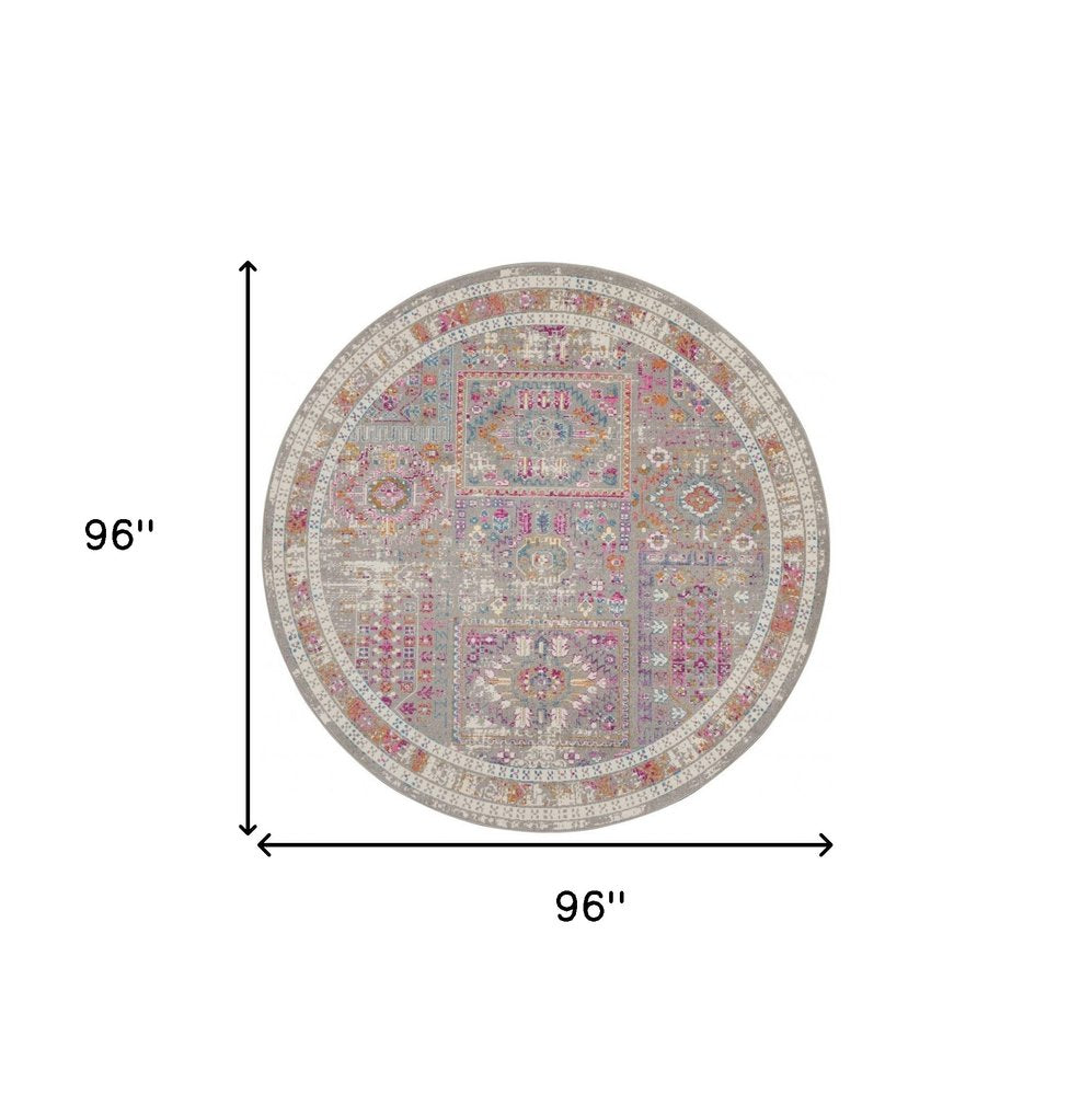 8' Gray And Ivory Abstract Distressed Round Rug