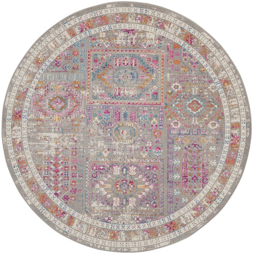 8' Pink And Gray Round Abstract Power Loom Area Rug