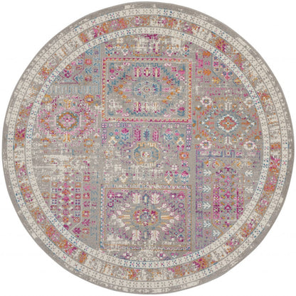 8' Pink And Gray Round Abstract Power Loom Area Rug