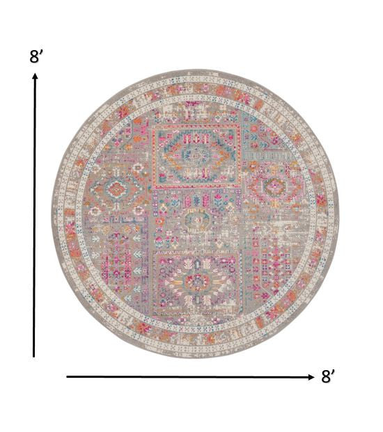 8' Pink And Gray Round Abstract Power Loom Area Rug