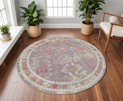 8' Pink And Gray Round Abstract Power Loom Area Rug