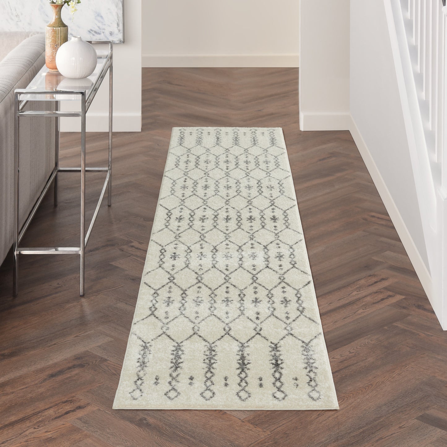 8' Gray Geometric Power Loom Runner Rug