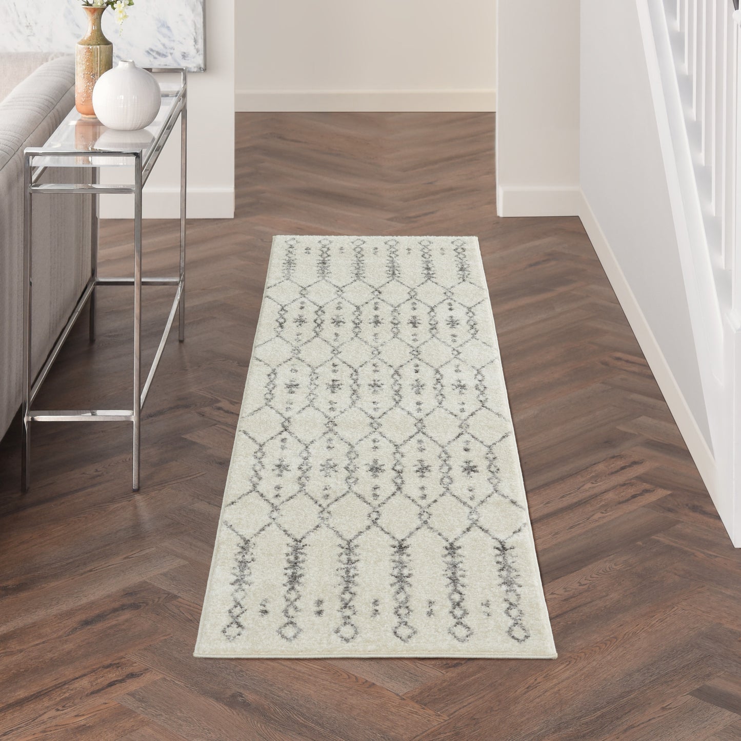 8' Gray Geometric Power Loom Runner Rug