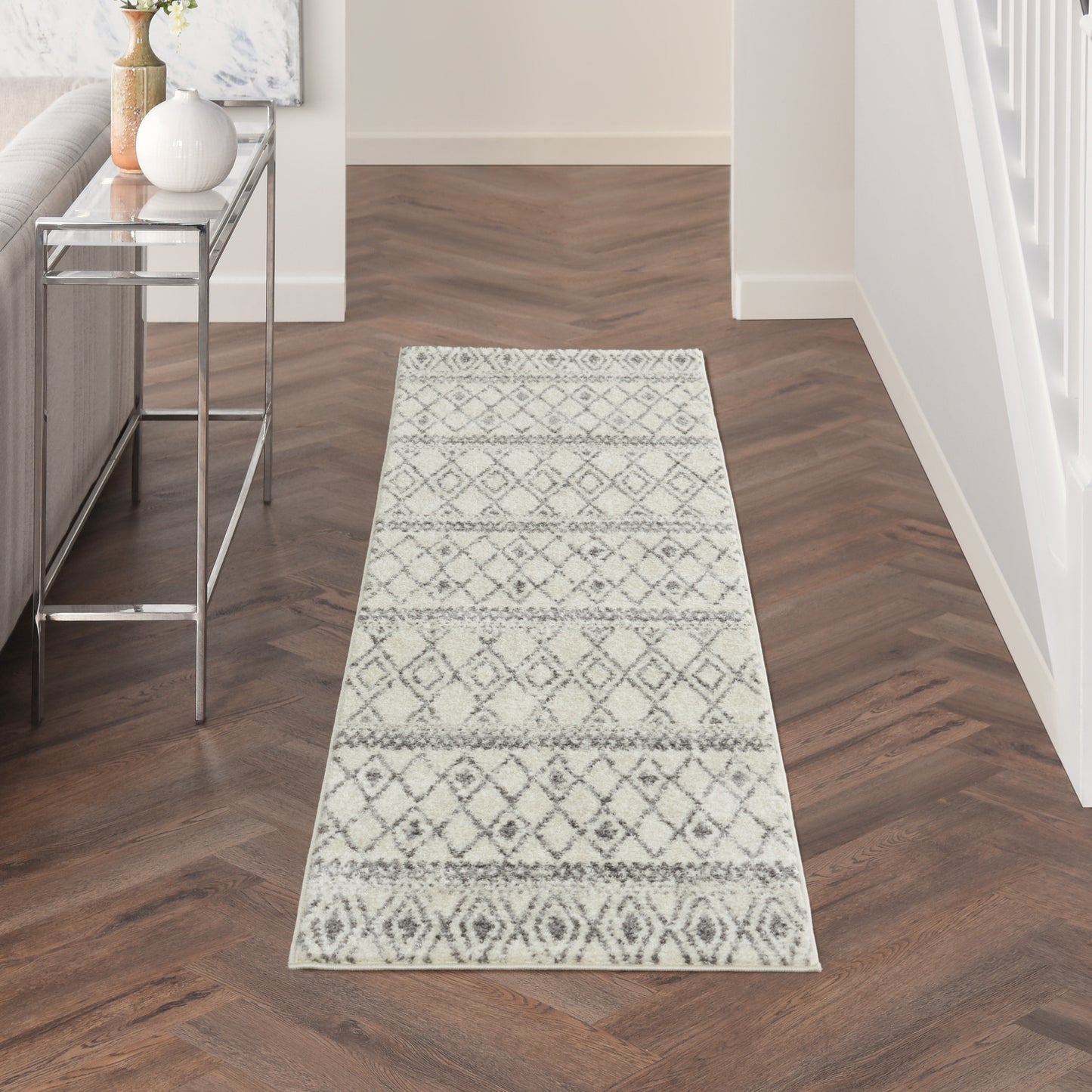 8' Gray Geometric Berber Power Loom Runner Rug