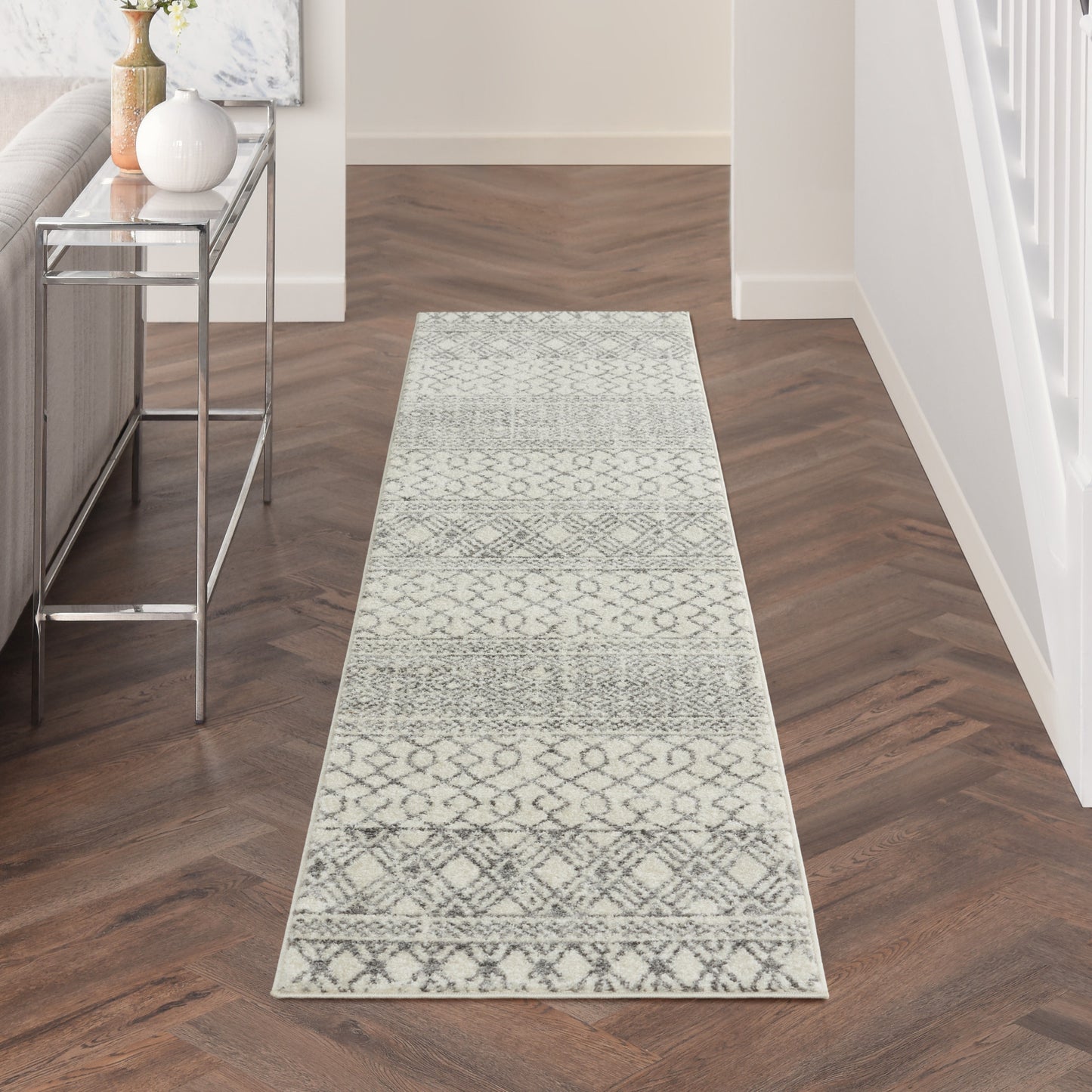 10' Gray Geometric Power Loom Runner Rug