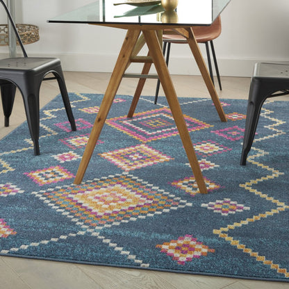 5' X 7' Navy Blue Yellow And Pink Southwestern Distressed Area Rug