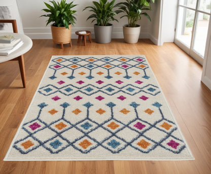 8' Blue And Ivory Geometric Dhurrie Runner Rug