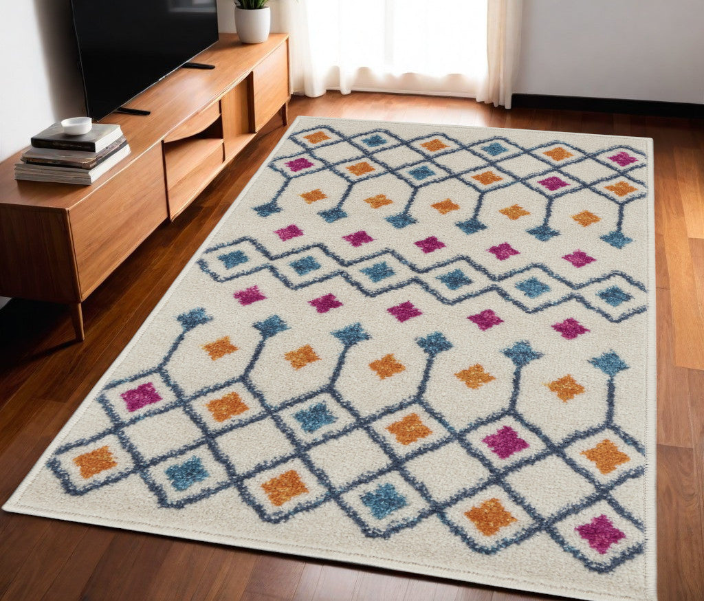 8' Blue And Ivory Geometric Dhurrie Runner Rug