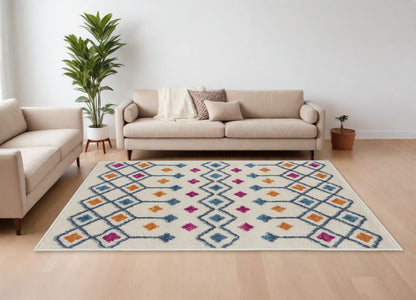 8' Blue And Ivory Geometric Dhurrie Runner Rug