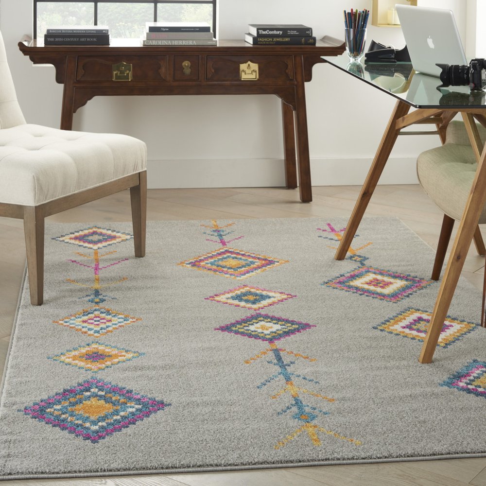 5' X 7' Gray Blue And Orange Tribal Area Rug