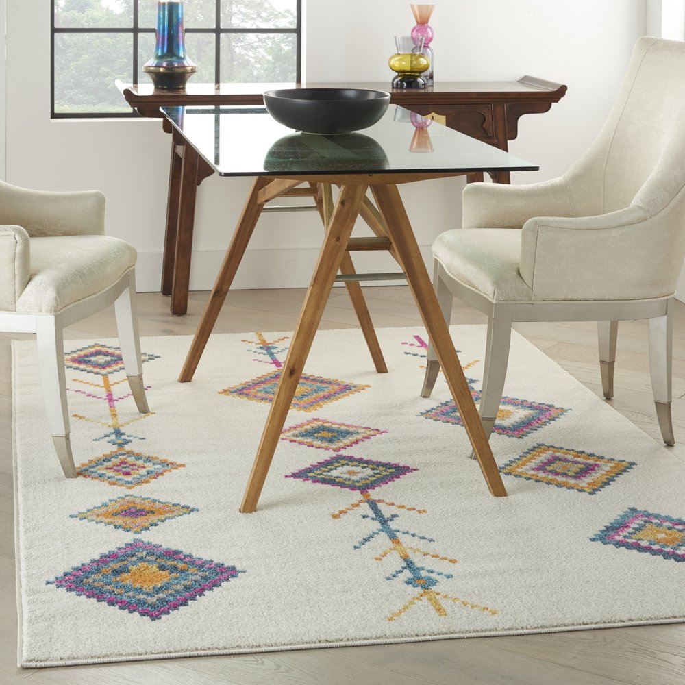 5' X 7' Blue Ivory And Pink Geometric Area Rug