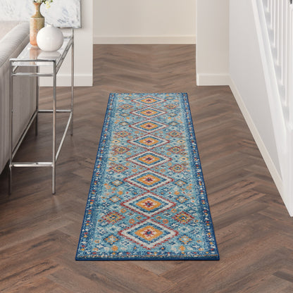 5' X 7' Blue And Orange Geometric Dhurrie Area Rug