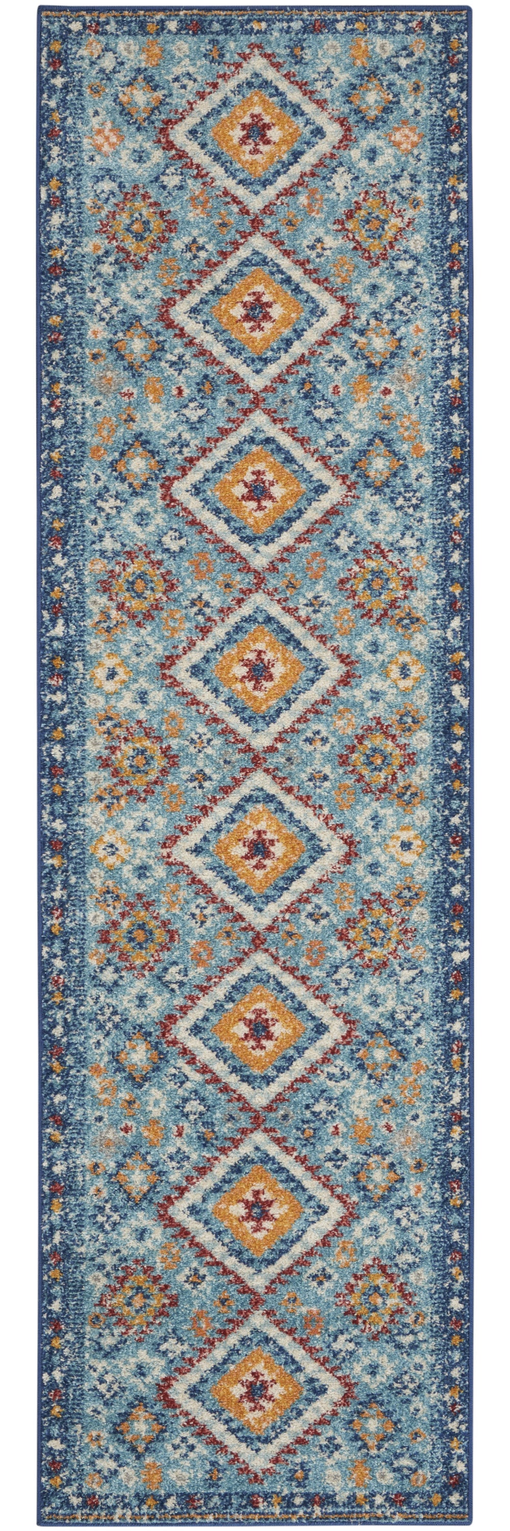 5' X 7' Blue And Orange Geometric Dhurrie Area Rug