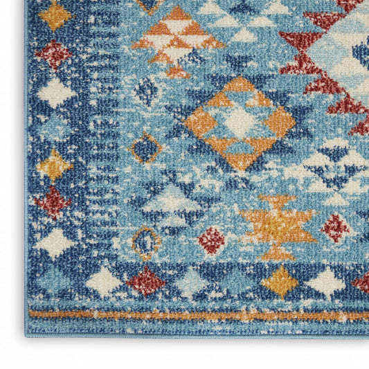 5' X 7' Blue And Orange Geometric Dhurrie Area Rug