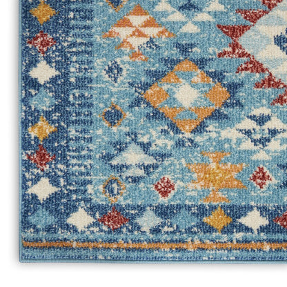 8' Blue And Orange Geometric Runner Rug