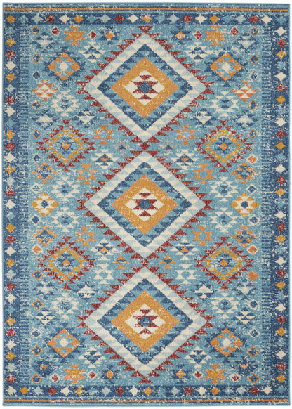 5' X 7' Blue And Orange Geometric Dhurrie Area Rug