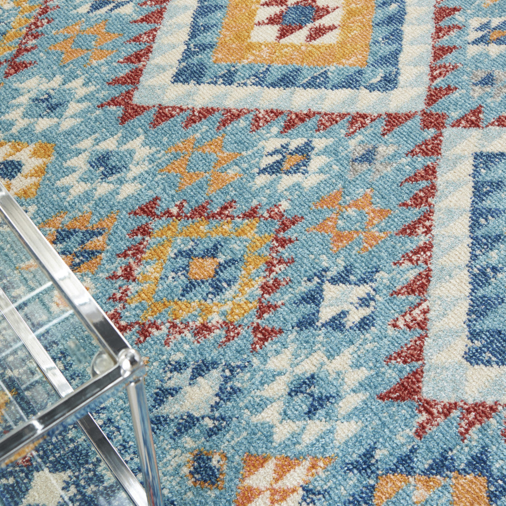 5' X 7' Blue And Orange Geometric Dhurrie Area Rug