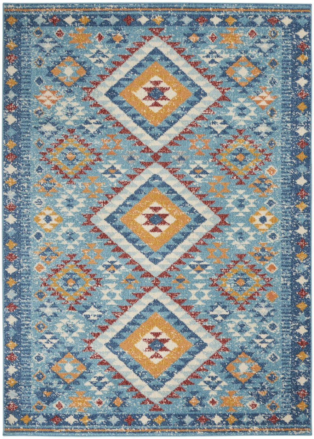 5' X 7' Blue And Orange Geometric Dhurrie Area Rug