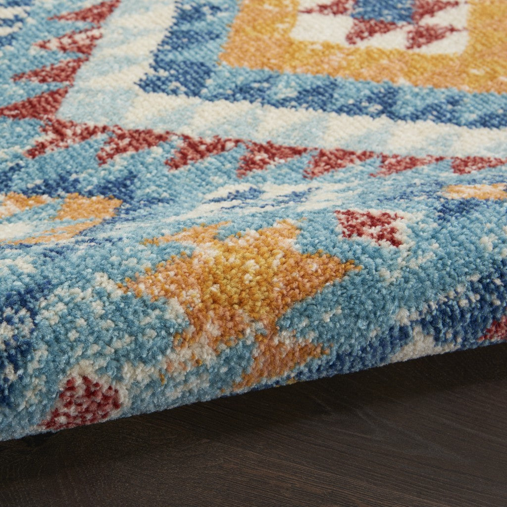 5' X 7' Blue And Orange Geometric Dhurrie Area Rug