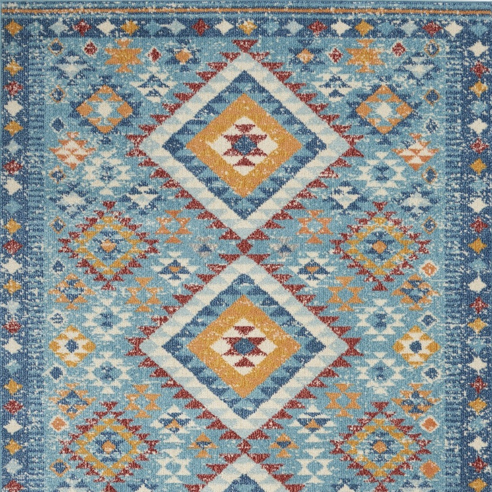 5' X 7' Blue And Orange Geometric Dhurrie Area Rug