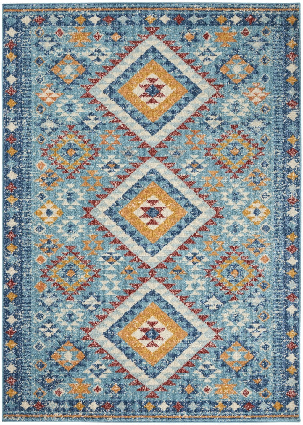 5' X 7' Blue And Orange Geometric Dhurrie Area Rug