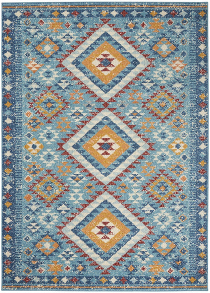 5' X 7' Blue And Orange Geometric Dhurrie Area Rug