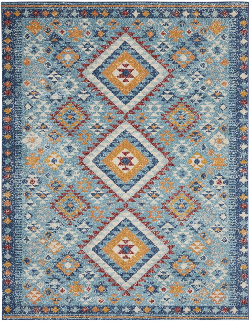 5' X 7' Blue And Orange Geometric Dhurrie Area Rug