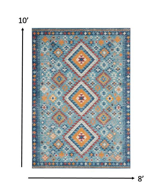 5' X 7' Blue And Orange Geometric Dhurrie Area Rug