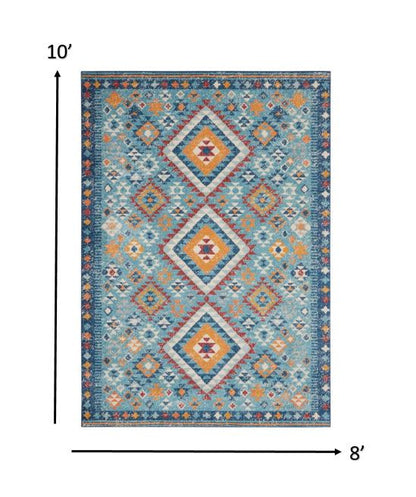 5' X 7' Blue And Orange Geometric Dhurrie Area Rug