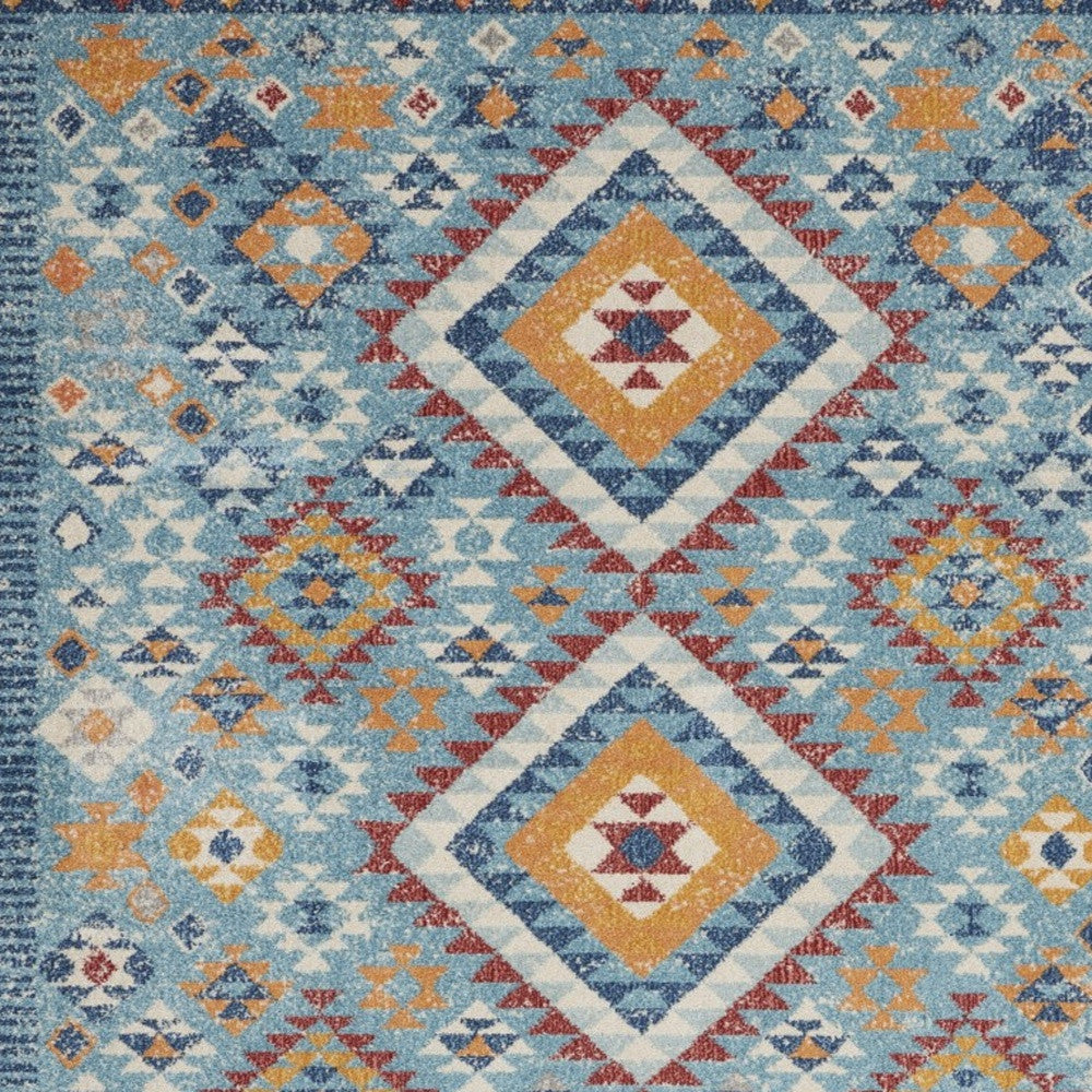 5' X 7' Blue And Orange Geometric Dhurrie Area Rug