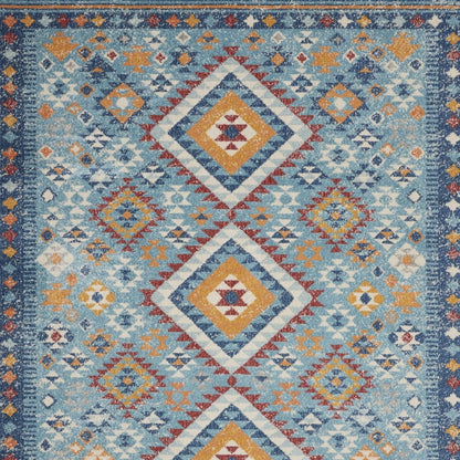 5' X 7' Blue And Orange Geometric Dhurrie Area Rug