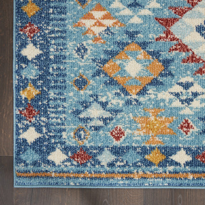 5' X 7' Blue And Orange Geometric Dhurrie Area Rug