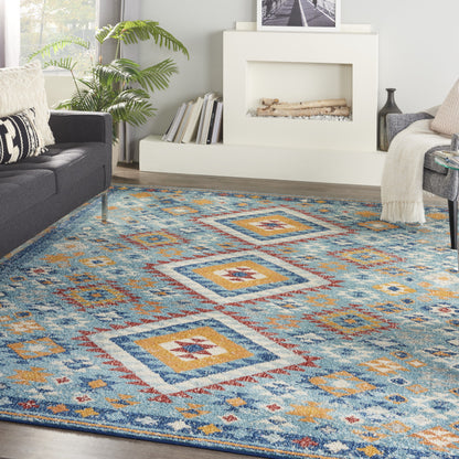 5' X 7' Blue And Orange Geometric Dhurrie Area Rug