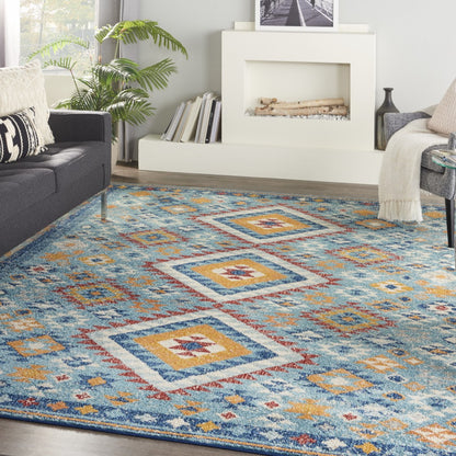 5' X 7' Blue And Orange Geometric Dhurrie Area Rug