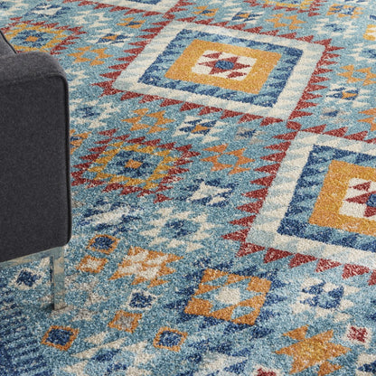 5' X 7' Blue And Orange Geometric Dhurrie Area Rug