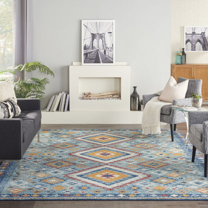 5' X 7' Blue And Orange Geometric Dhurrie Area Rug