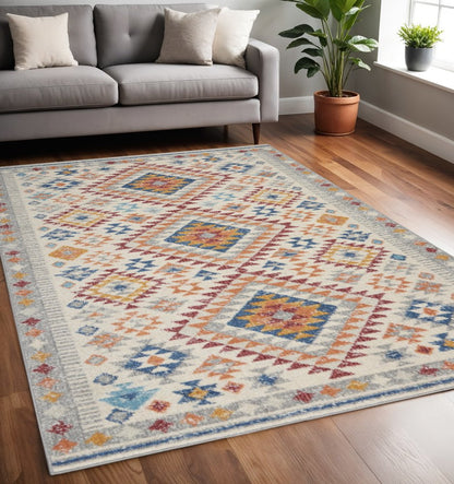 5' X 7' Ivory And Blue Geometric Area Rug