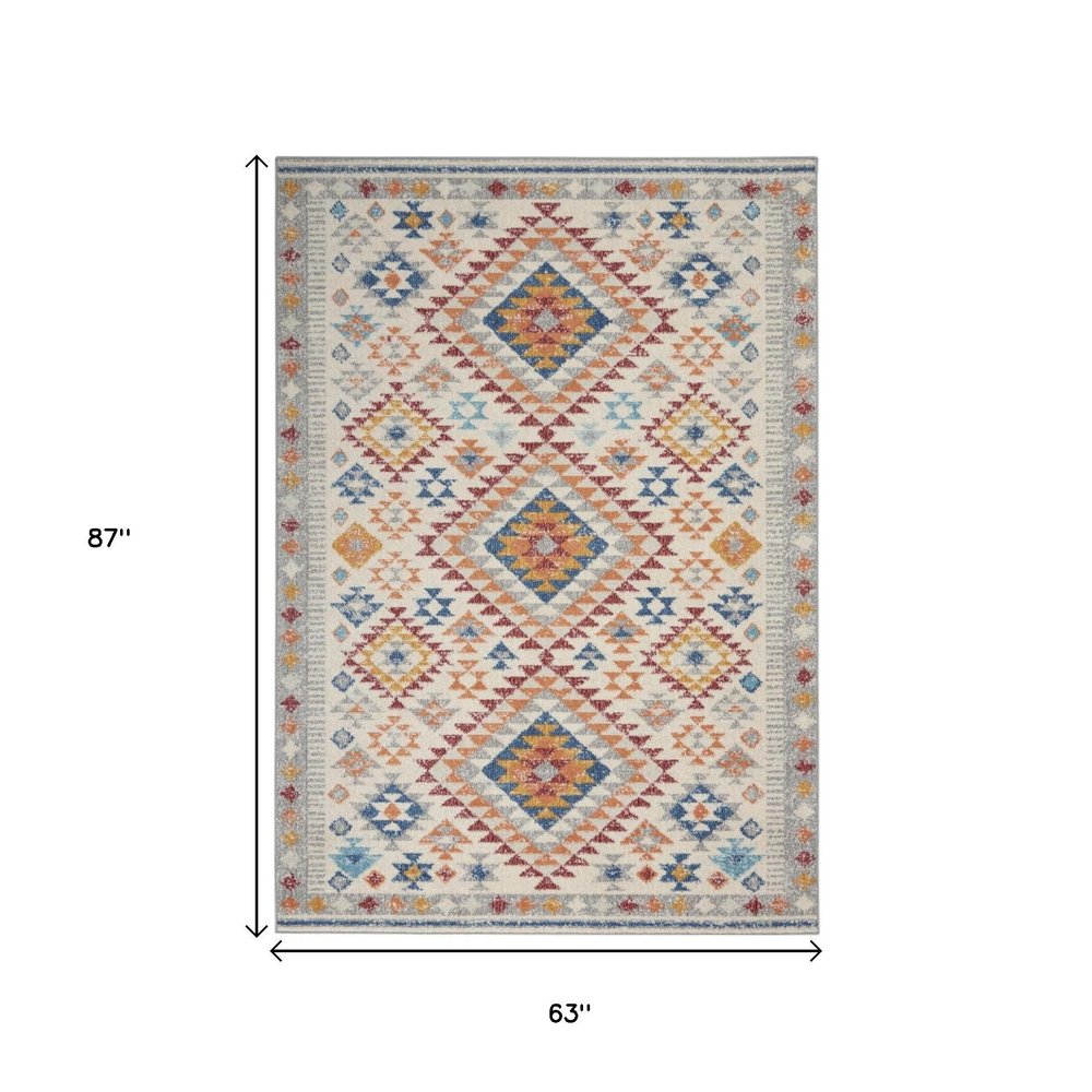 5' X 7' Ivory And Blue Geometric Area Rug