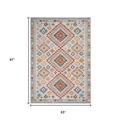 5' X 7' Ivory And Blue Geometric Area Rug