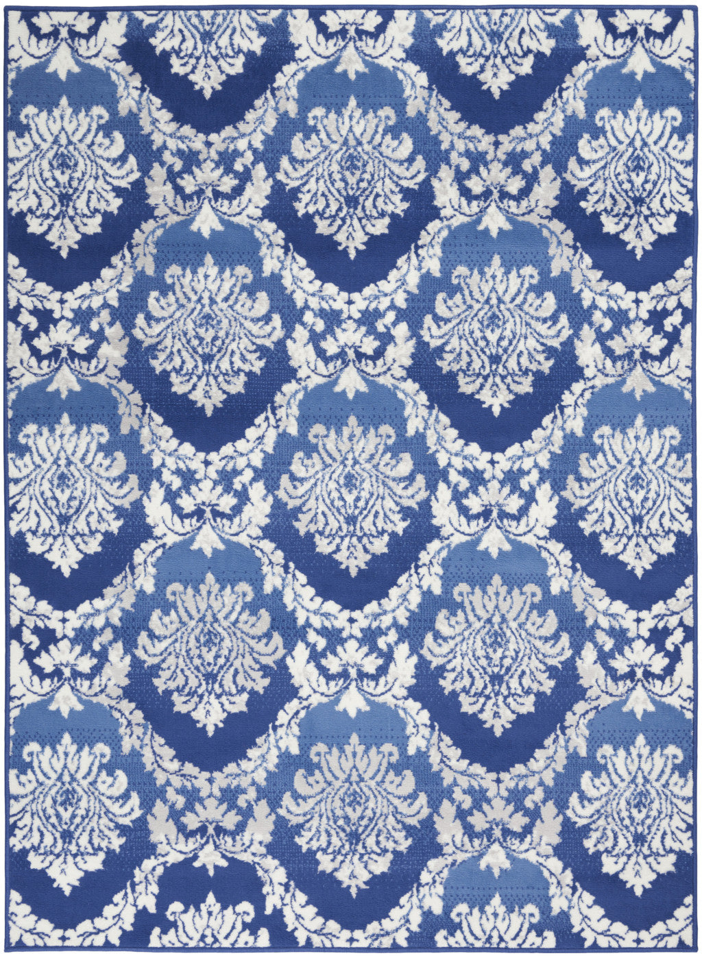 6' X 9' Blue And Ivory Damask Distressed Area Rug