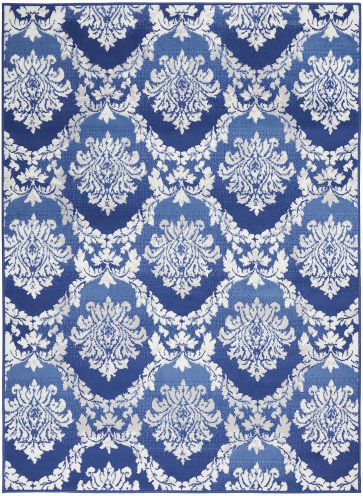 5' X 7' Blue And Ivory Damask Distressed Area Rug