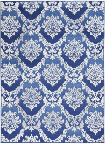 5' X 7' Blue And Ivory Damask Distressed Area Rug
