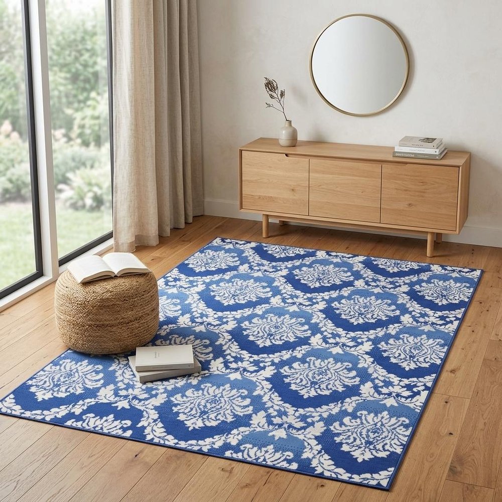 4' X 6' Ivory And Blue Damask Distressed Area Rug
