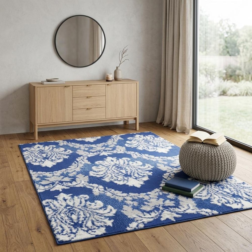5' X 7' Blue And Ivory Damask Distressed Area Rug