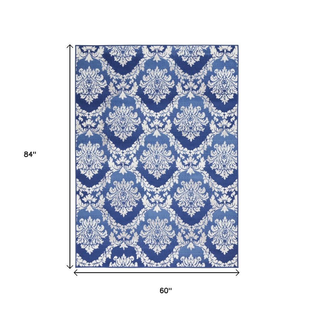 5' X 7' Blue And Ivory Damask Distressed Area Rug