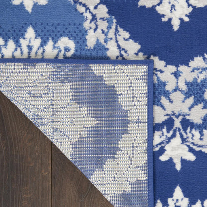 4' X 6' Ivory And Blue Damask Distressed Area Rug