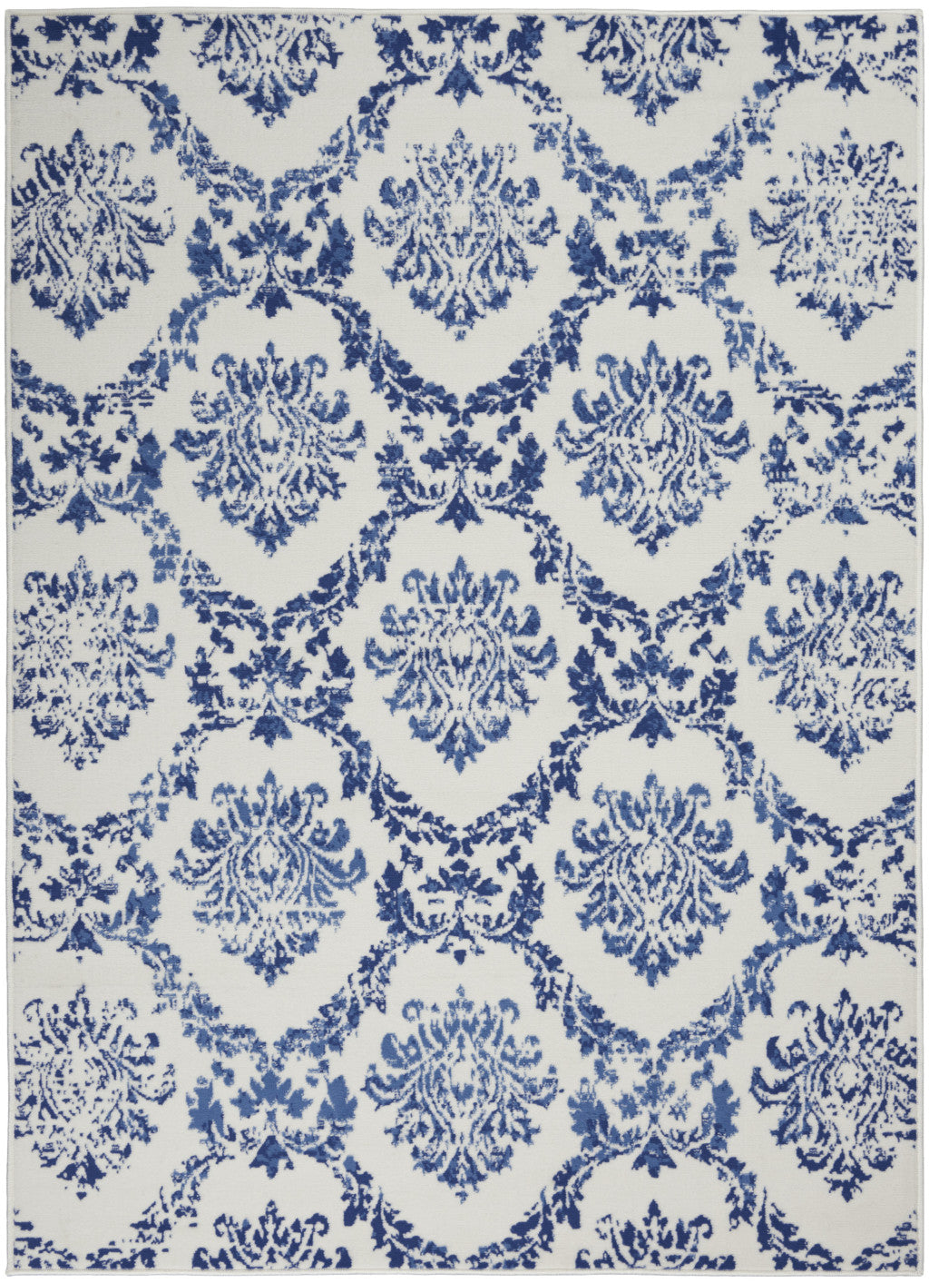 6' X 9' Blue And Ivory Damask Distressed Area Rug